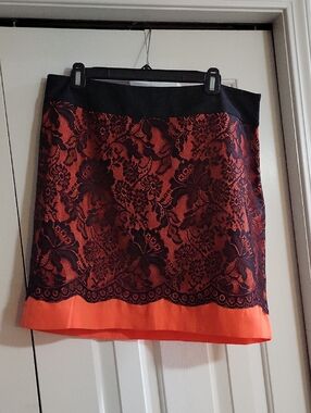 Vintage The Limited Orange Mini Skirt W/ Black Floral Lace Overlay